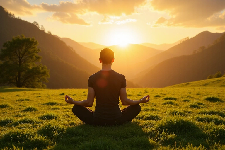 A person meditating peacefully in a lush, green natural landscape at sunrise, symbolizing future wellness and harmony.