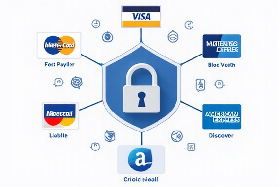 Secure payment methods illustration with various card logos