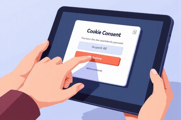 Stylized illustration of a person's hand interacting with a cookie consent pop-up on a tablet screen, showing options to accept or decline