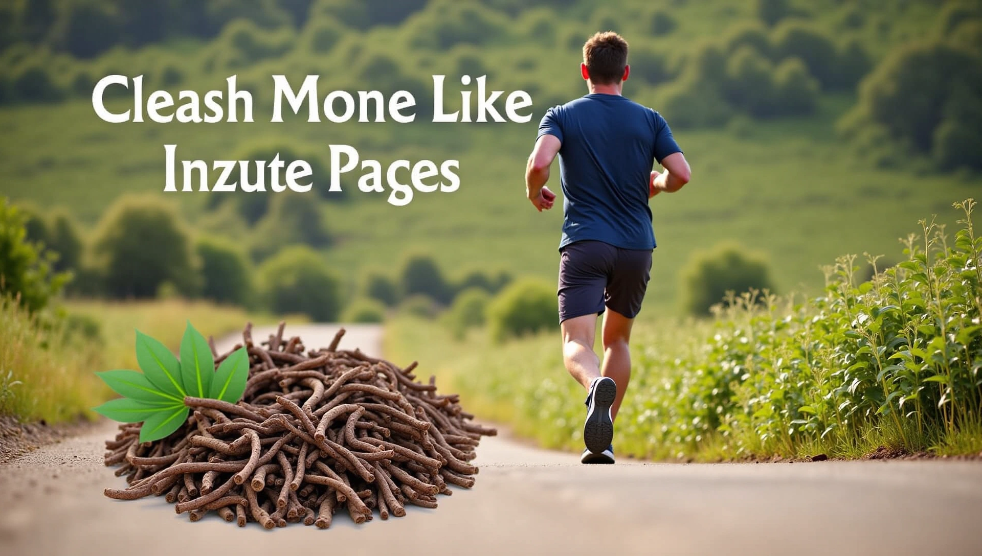 Dynamic image of a healthy, active man in a natural setting, such as hiking or running, with subtle elements of natural ingredients like herbs or roots. He is smiling and looks energetic.