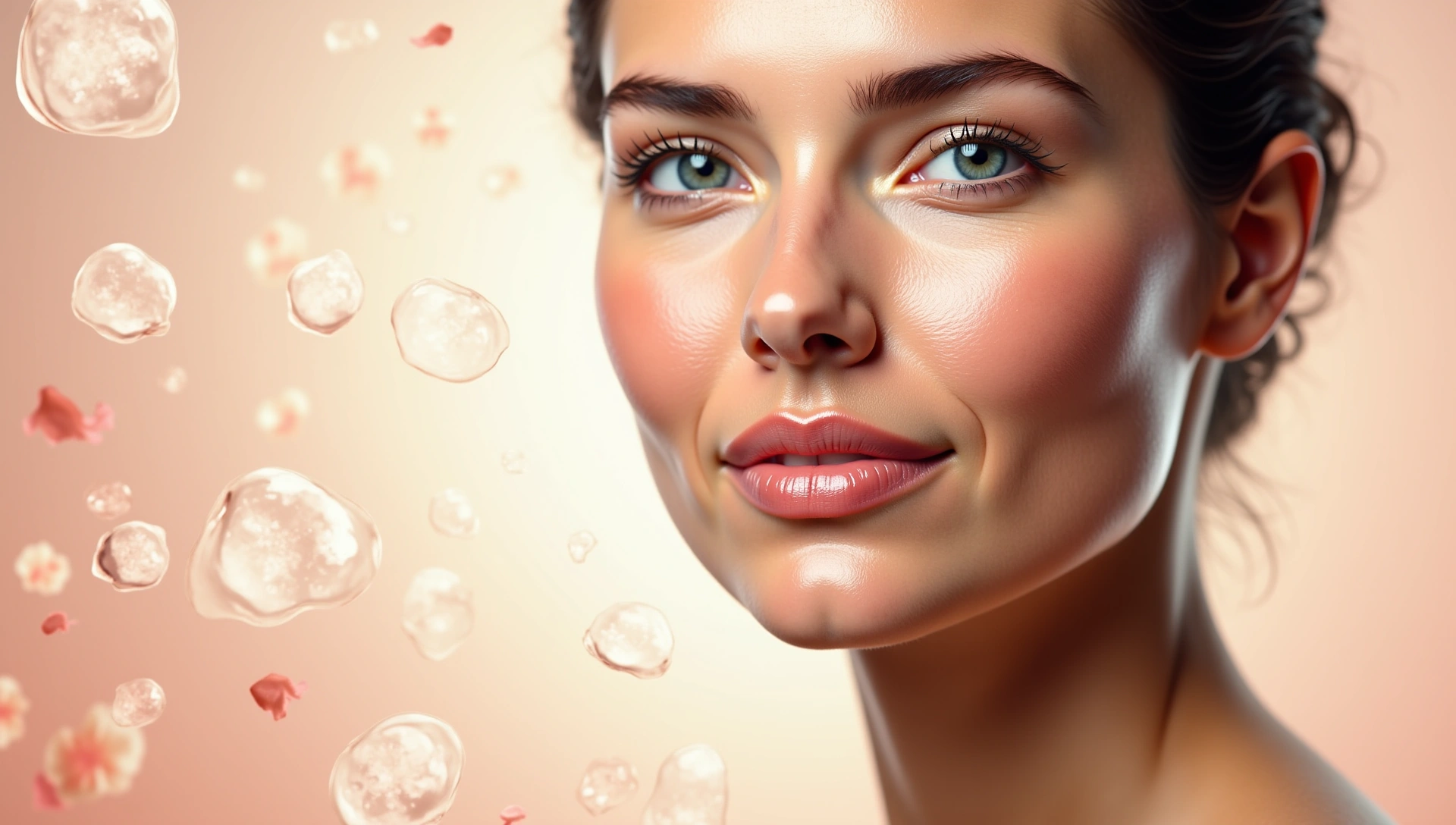 Elegant, serene image of a woman's glowing, healthy skin, with subtle elements of natural skincare ingredients like rose petals, hyaluronic acid molecules (abstract), or collagen fibers (abstract).
